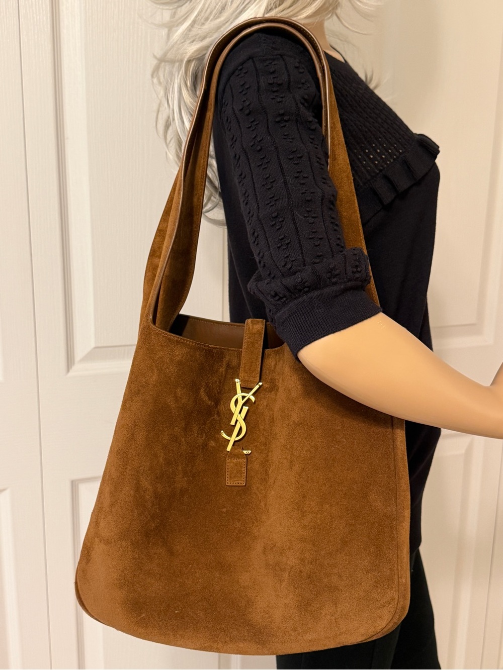 YSL Saint Laurent Le 5 a 7 Bea Tote Bag Brown Caramel Cognac Suede Leather Gold - Picture 5 of 14